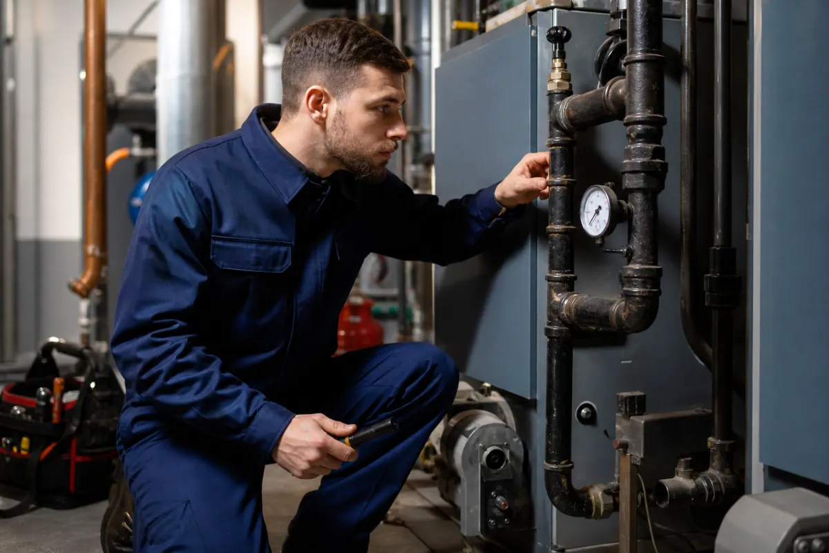 Technician inspecting boiler gas line before Chicago winter