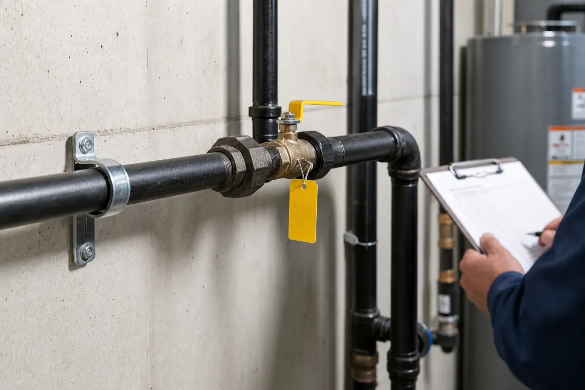 Code-compliant Chicago gas piping with shutoff valve and inspection checklist