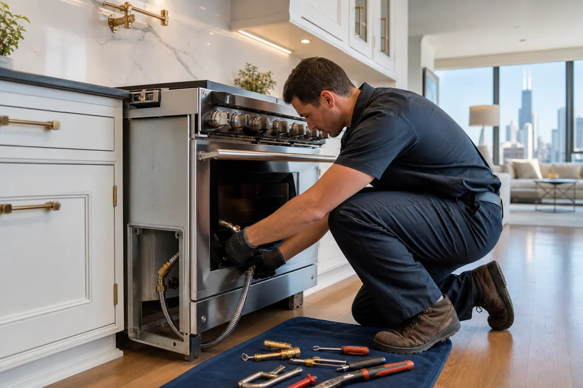 Technician converting an electric range to a gas range in Chicago kitchen