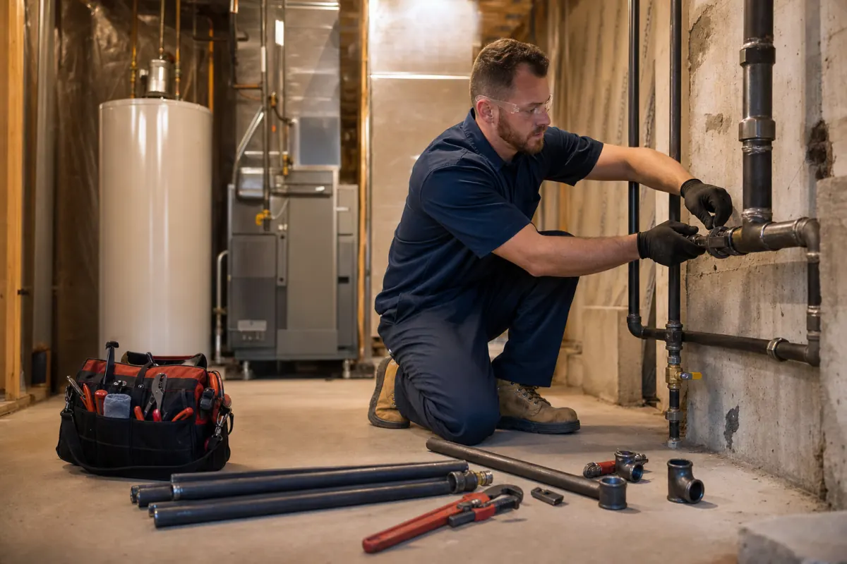 Professional gas line installation in a Chicago basement utility room