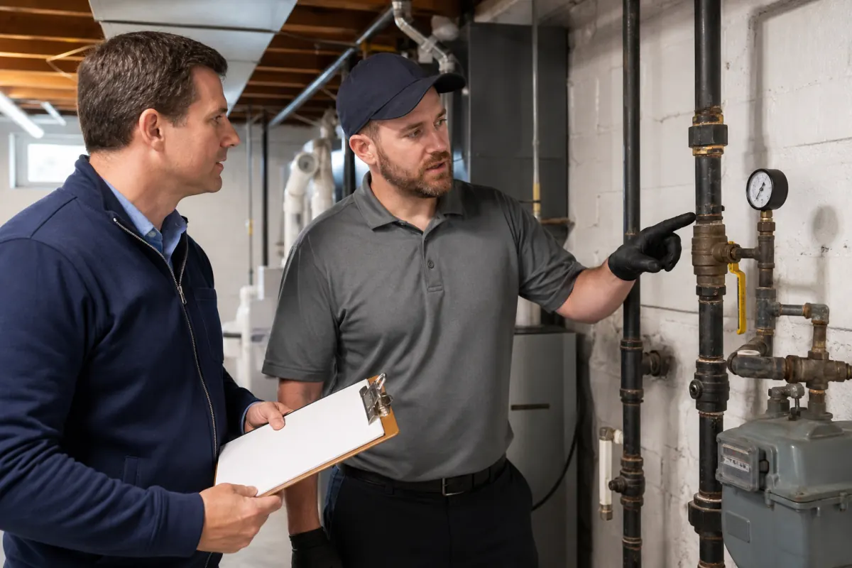 Home inspector and gas technician reviewing gas line repair issue