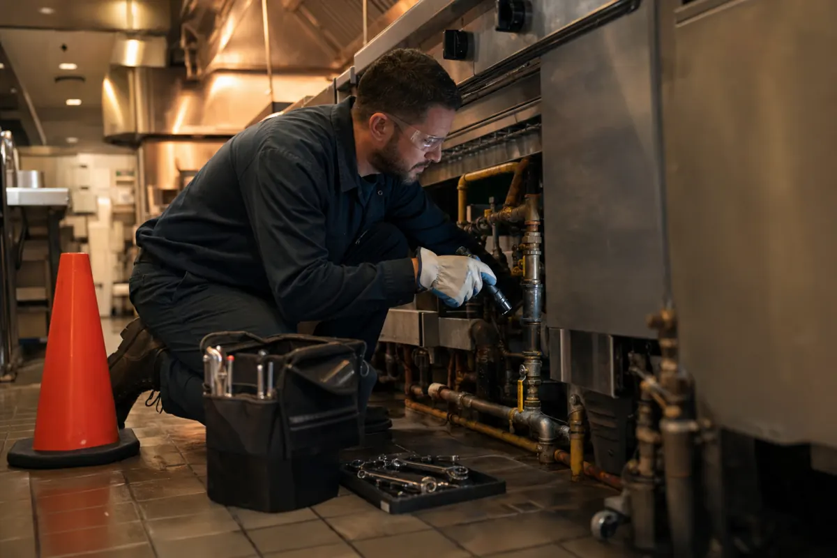 Commercial kitchen gas line repair behind stainless restaurant equipment