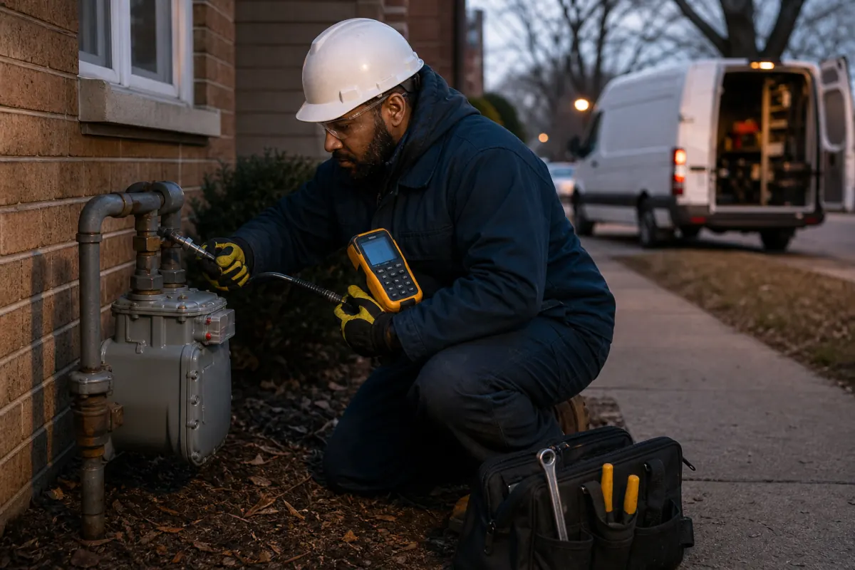 Emergency technician checking gas meter for same-day gas leak repair