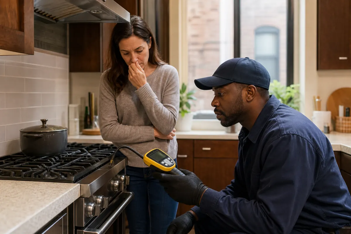 Technician using gas detector near kitchen stove for gas leak warning signs