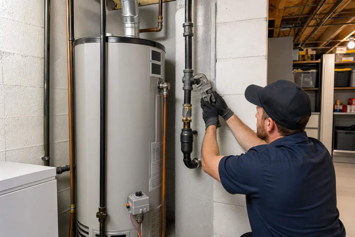 Water heater gas piping replacement with shutoff valve and sediment trap