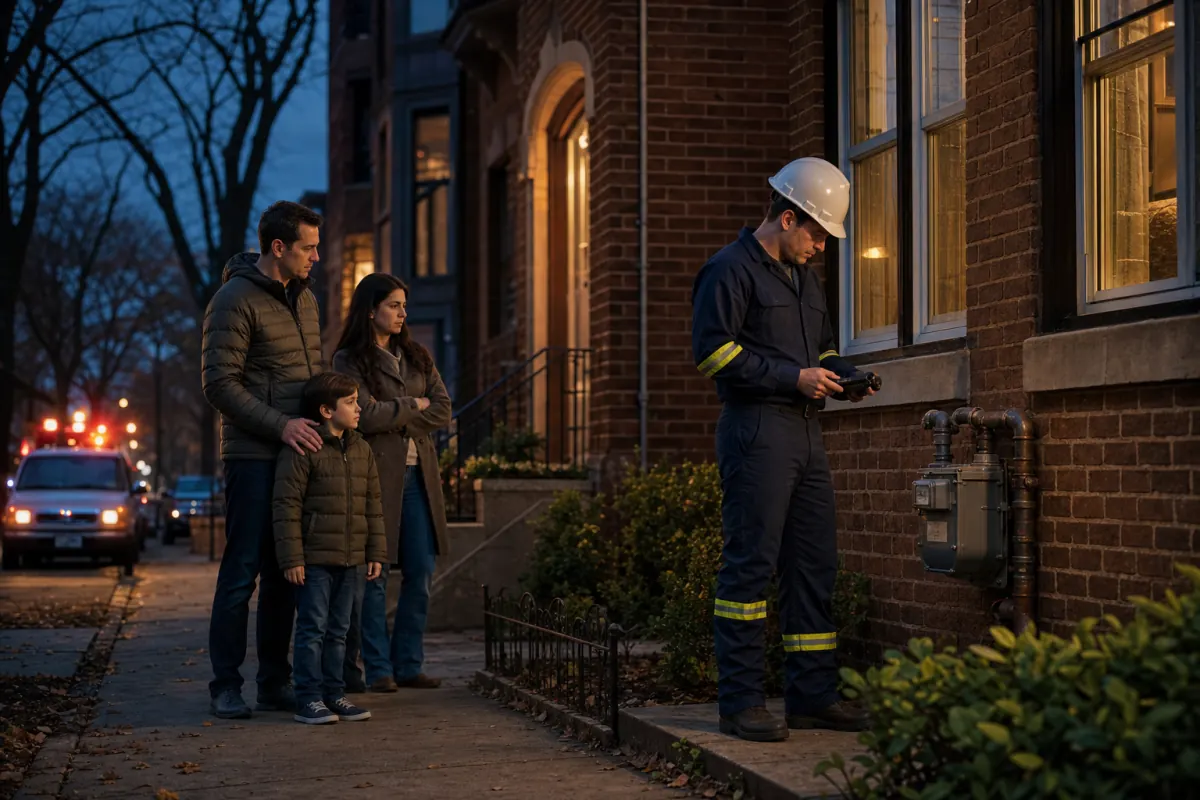 Family outside home while gas technician checks exterior meter during emergency